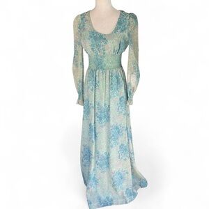 Vintage 70s Blue Floral Chiffon Maxi Dress Sheer Sleeves Empire Waist Boho S/M
